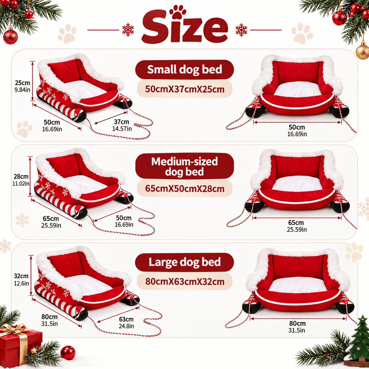 Size chart for the Christmas sleigh pet bed in small, medium and large.