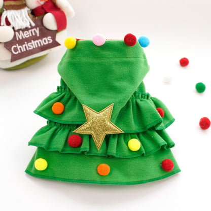 Back of the green Christmas tree pet costume with a gold star on the tiered cape.