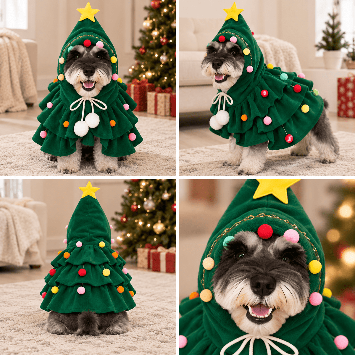 Four photos of a schnauzer wearing the green Christmas tree pet costume beside a decorated tree.