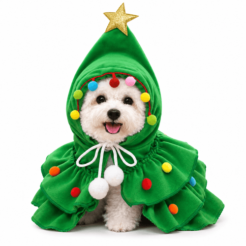 Small white dog wearing the green Christmas tree pet costume with a gold star hood and colorful pom poms.