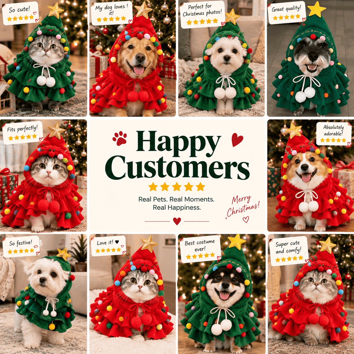 Collage of cats and dogs wearing the green and red Christmas tree pet costumes.