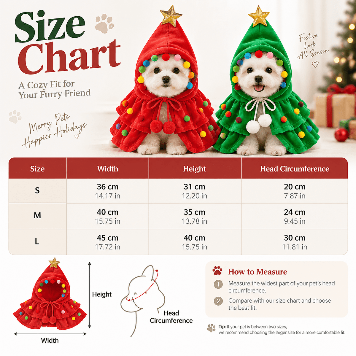 Size chart for the Christmas tree pet costume in S, M and L with width, height and head circumference.