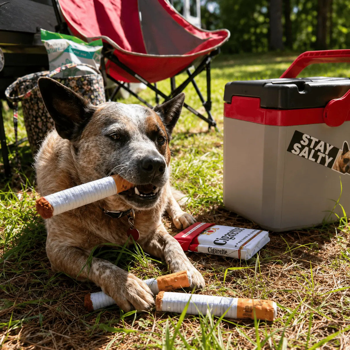 Australian shepherd lying on the grass at a campsite with the Noblias plush cigarette dog toy sticks beside it.