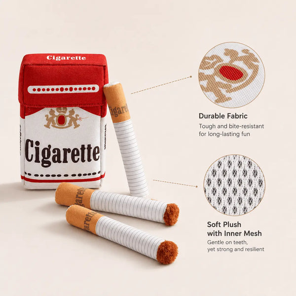 Noblias red cigarette pack dog toy with three plush sticks, showing the bite resistant fabric and the soft plush inner mesh layer.