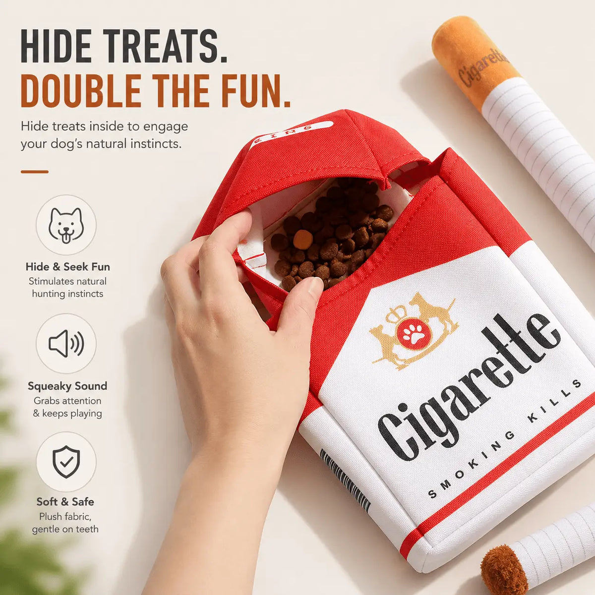 Hands opening the top of the Noblias cigarette dog toy pack to hide treats inside for a dog to sniff out and dig for.