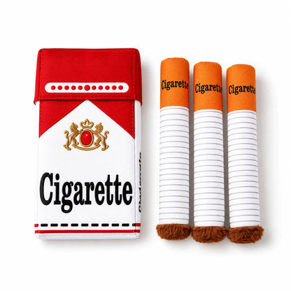 Noblias red cigarette pack dog toy with three orange tipped plush squeaky sticks on a plain white background.