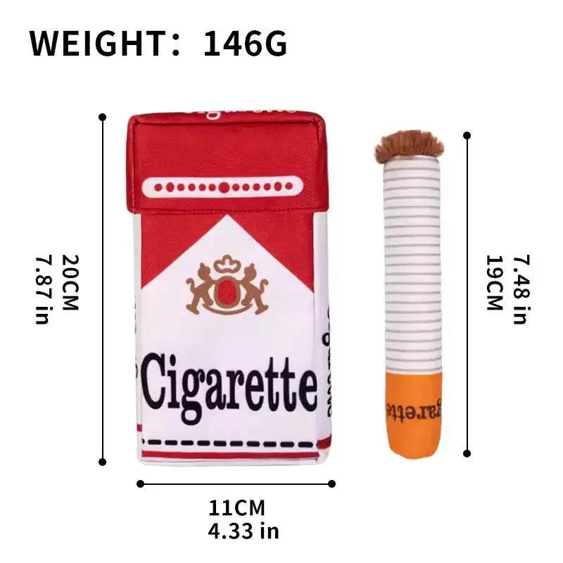 Size chart for the Noblias cigarette dog toy showing a 20 cm plush pack, 19 cm squeaky sticks and a total weight of 146 grams.