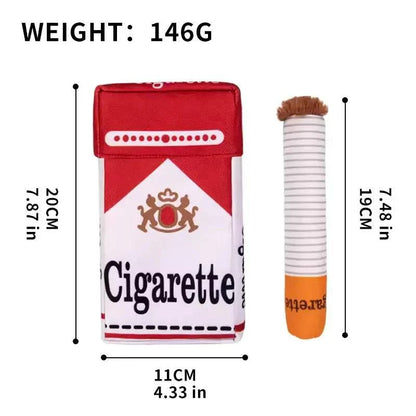 Size chart for the Noblias cigarette dog toy showing a 20 cm plush pack, 19 cm squeaky sticks and a total weight of 146 grams.