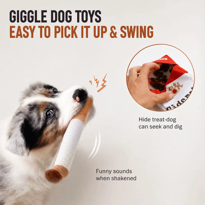 Australian shepherd swinging a Noblias plush cigarette stick dog toy, with the pack shown hiding treats for a dog to seek and dig out.