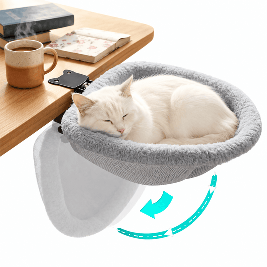 A white cat sleeping in the gray plush clamp on cat desk bed attached to a wooden desk, with an arrow showing it folds down.