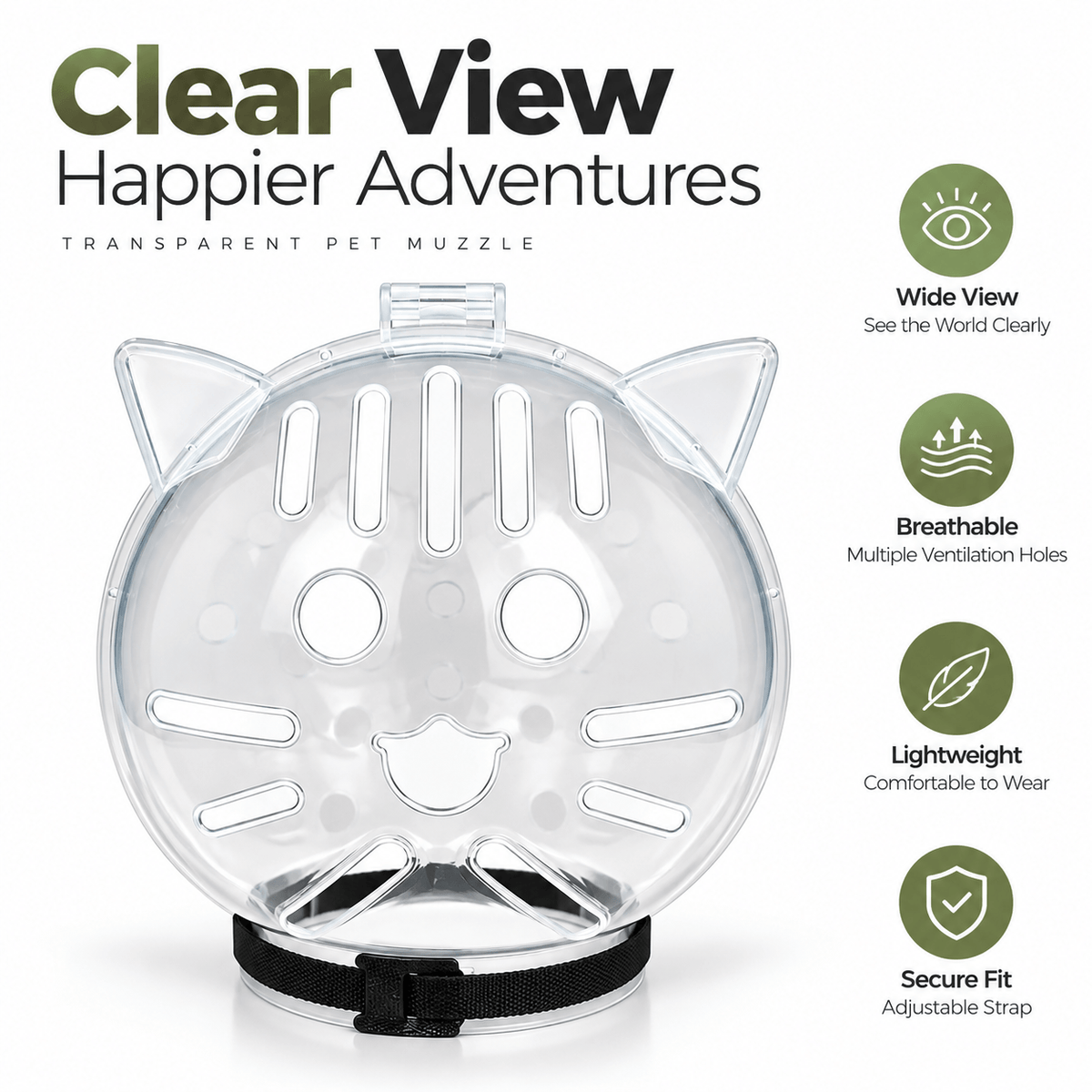 Front view of the transparent cat-shaped clear cat grooming muzzle with feature icons.