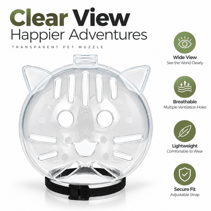 Front view of the transparent cat-shaped clear cat grooming muzzle with feature icons.
