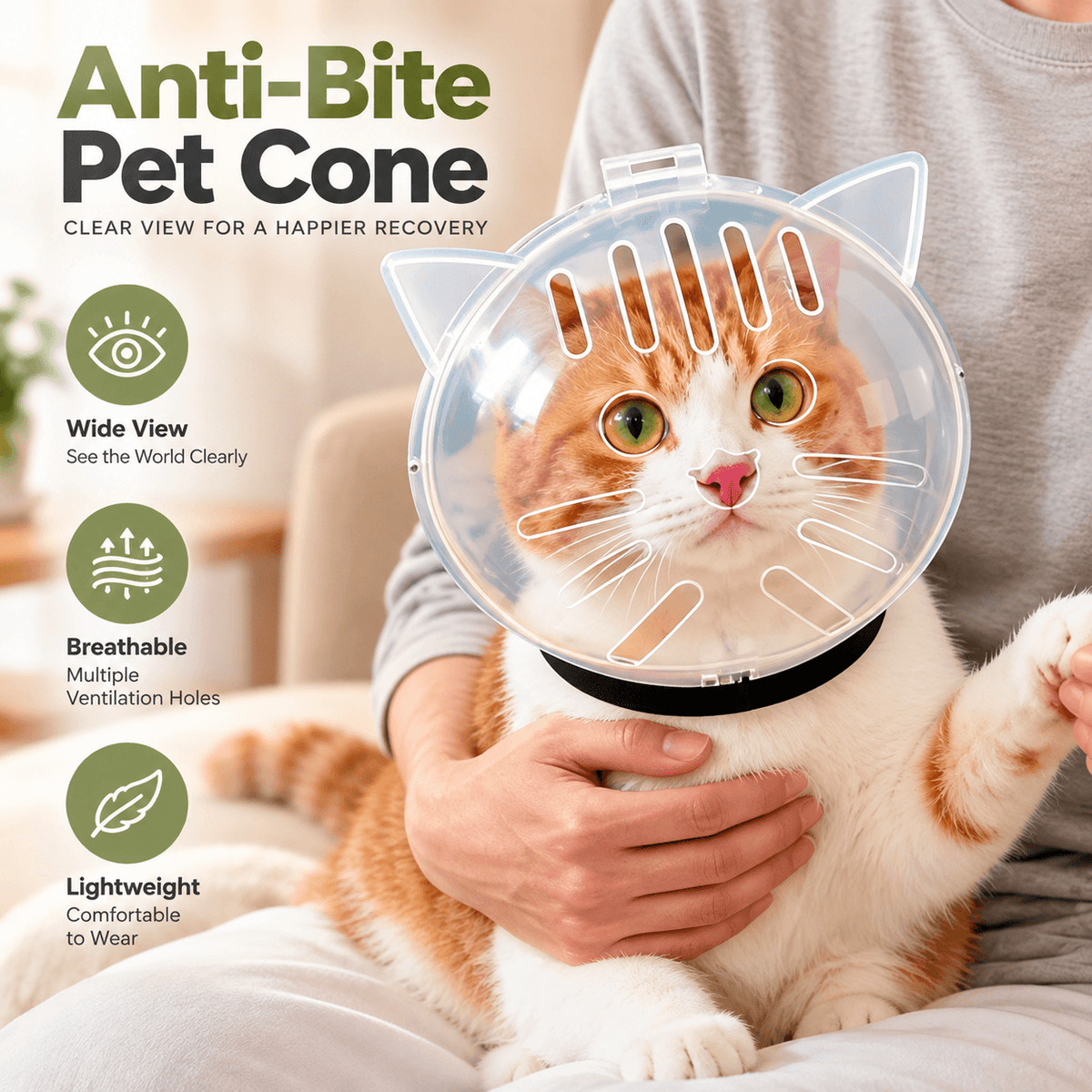 Ginger cat held in an owner's arms while wearing the transparent cat grooming muzzle.