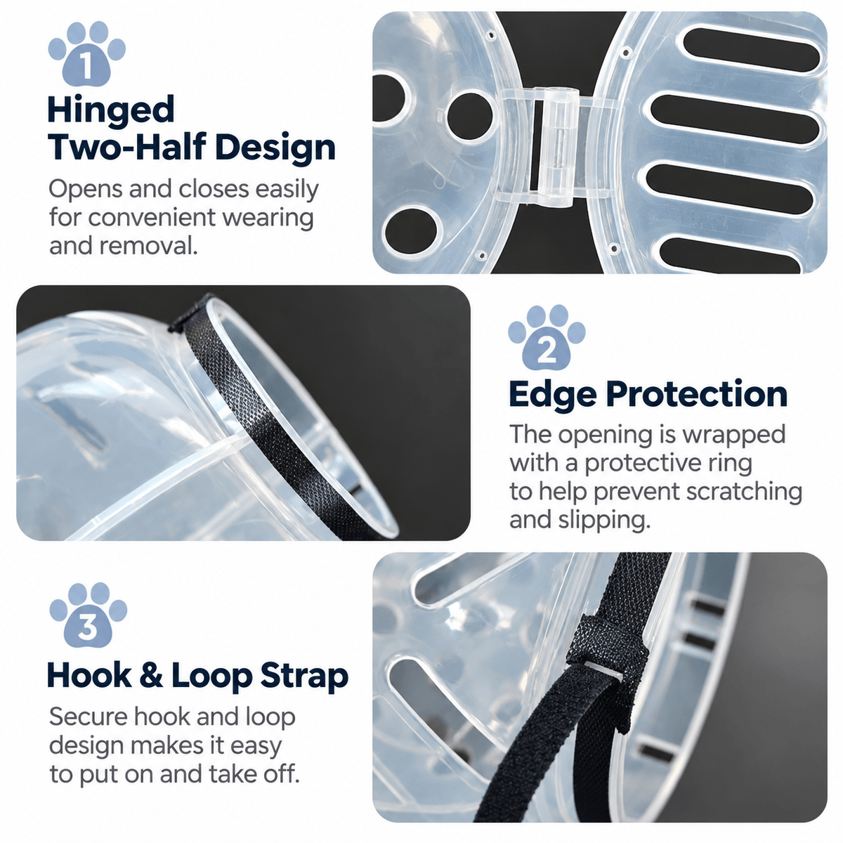Close-ups of the clear cat grooming muzzle's hinged two-half shell, wrapped edge and hook-and-loop strap.