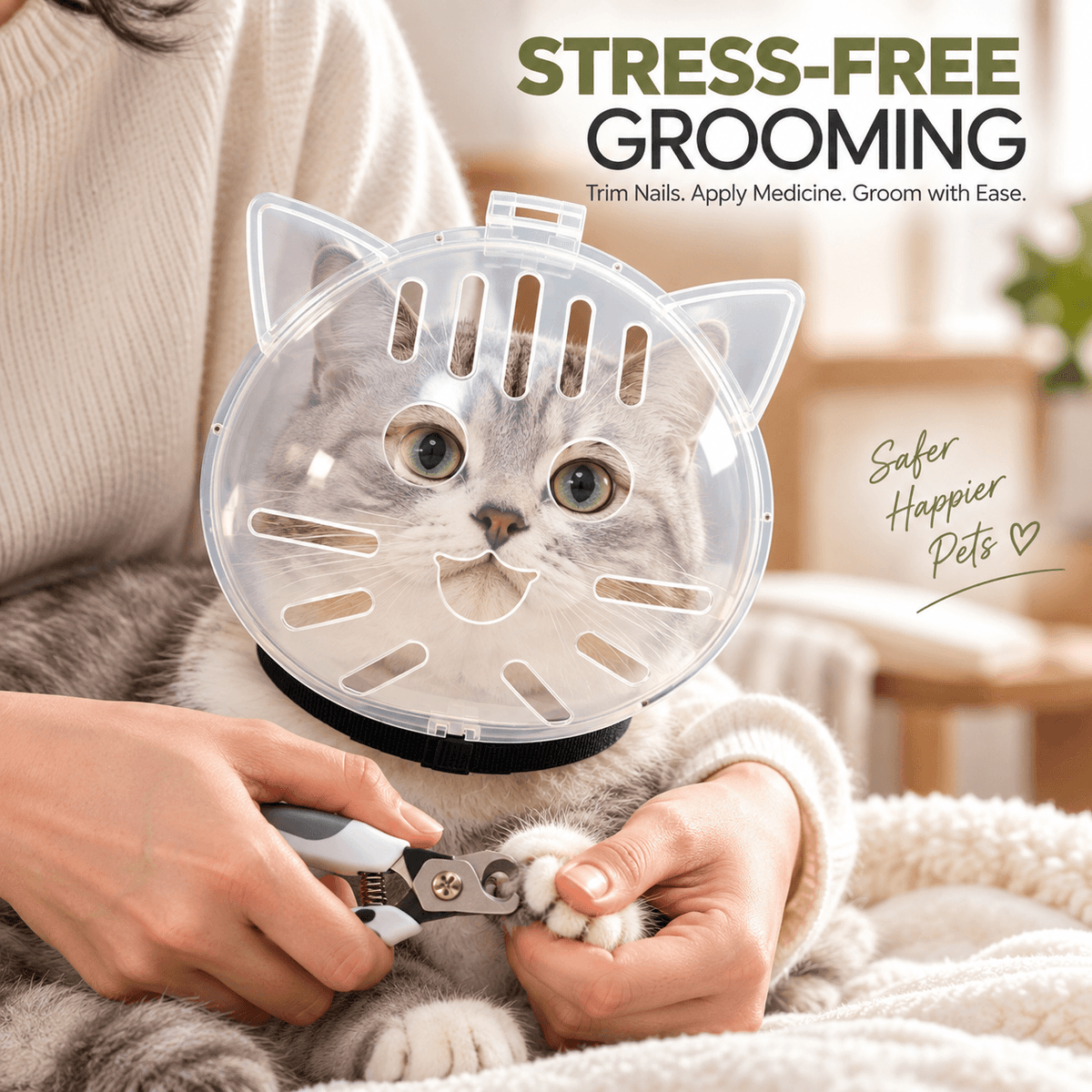 Owner trimming a gray cat's nails while the cat wears the clear cat grooming muzzle.