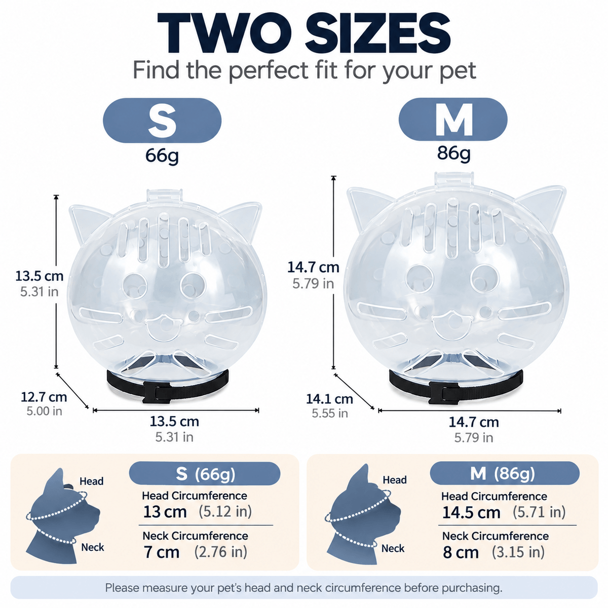 Size chart for the clear cat grooming muzzle in S and M with head and neck circumference.