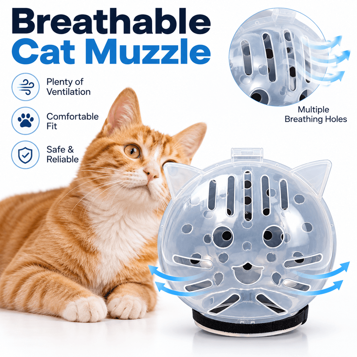 Clear cat grooming muzzle shown beside a cat, highlighting its front slots and multiple breathing holes.