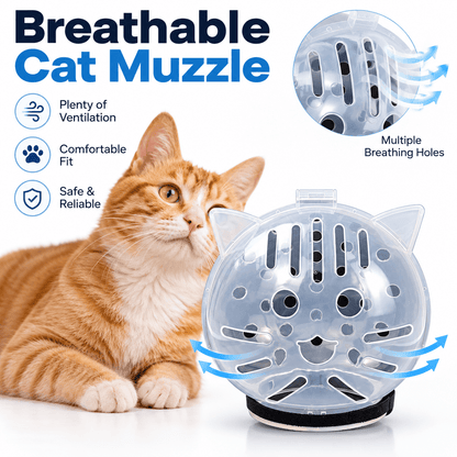 Clear cat grooming muzzle shown beside a cat, highlighting its front slots and multiple breathing holes.