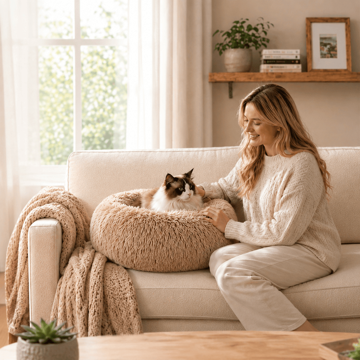 Woman stroking her cat as it rests in the brown Noblias cloud calming donut bed on a sofa.
