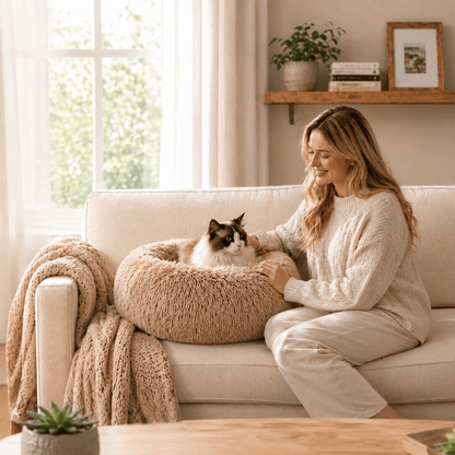 Woman stroking her cat as it rests in the brown Noblias cloud calming donut bed on a sofa.