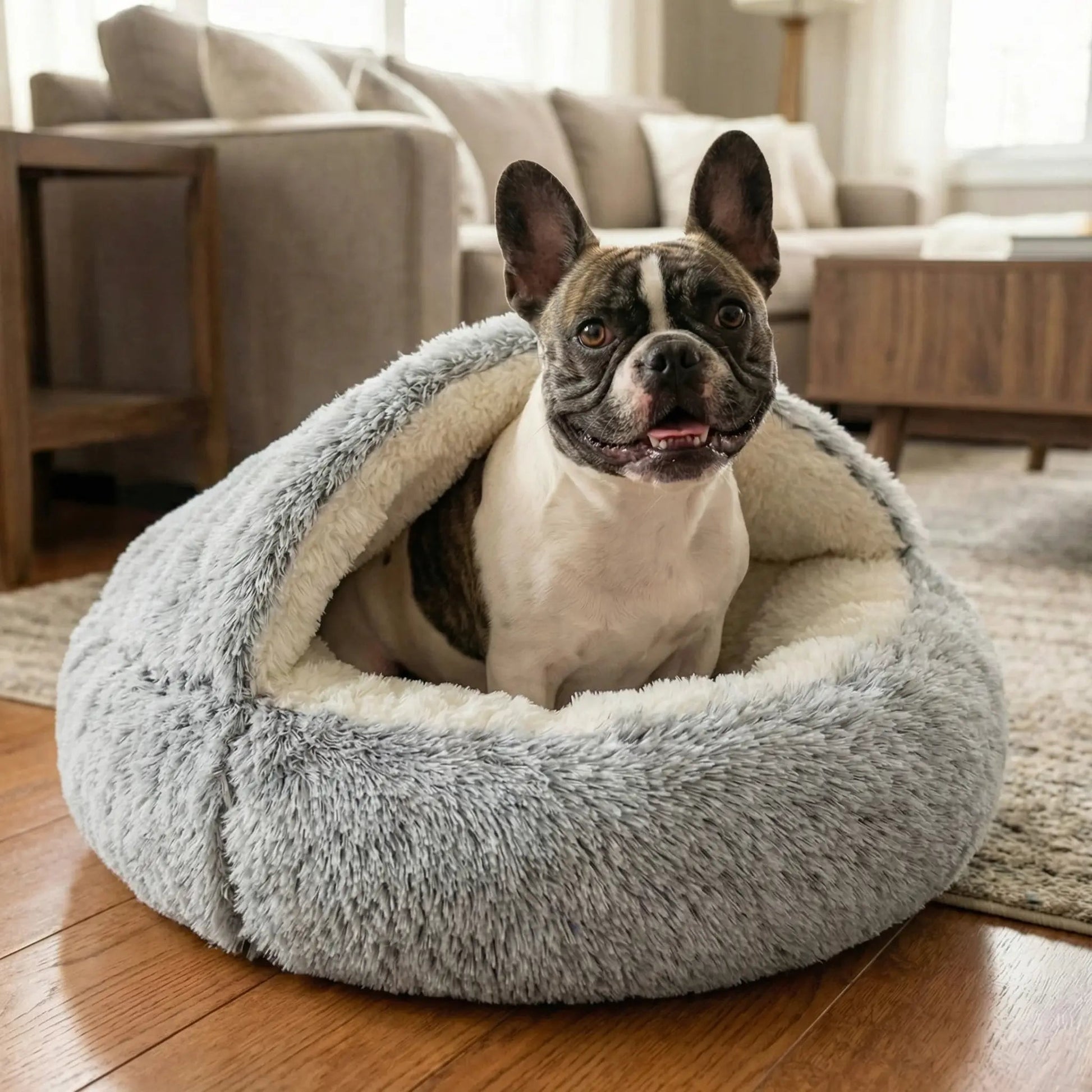 Noblias Calming Cowry Pet Bed in coffee color, cozy anti-anxiety dog and cat bed with soft, cushioned interior for comfort