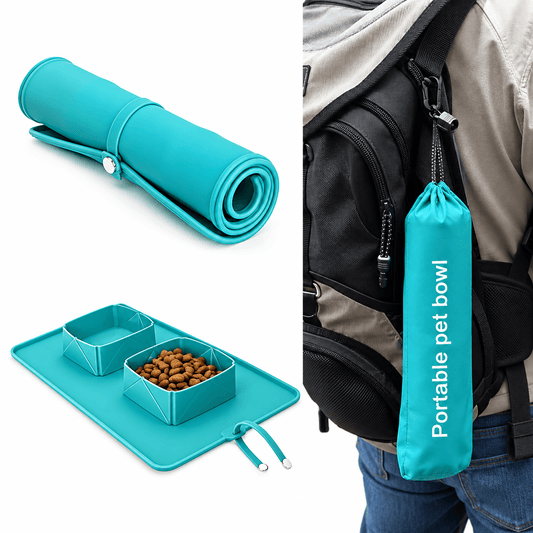 Green collapsible double dog bowl with feeding mat shown open with kibble, rolled up, and in its bag on a backpack.