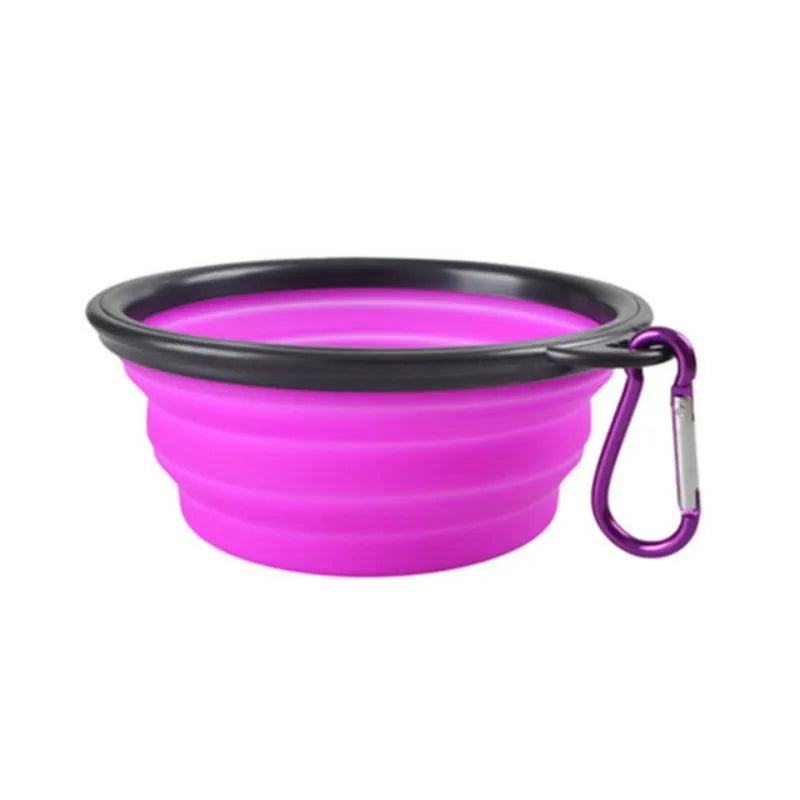 Purple Noblias collapsible silicone travel bowl with a purple carabiner clip.