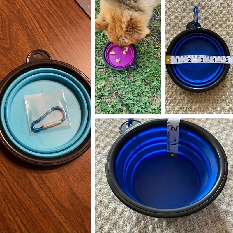Customer photos of the Noblias collapsible silicone travel bowl, including a cat eating from it and the bowl measured against a tape.