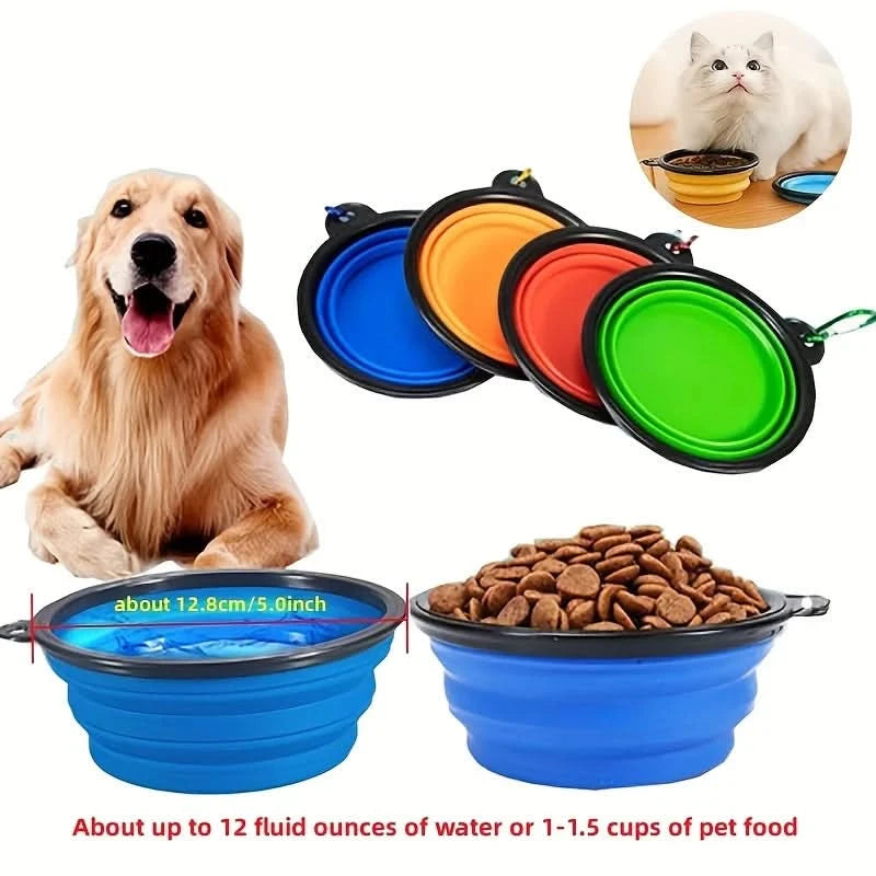 The Noblias collapsible silicone travel bowl filled with water and with dry food, holding up to 12 fluid ounces.