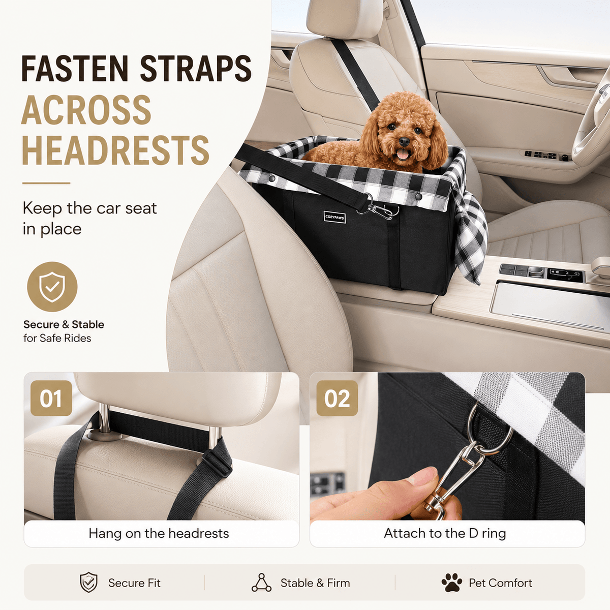 Two installation steps for the Noblias console dog car seat, hanging the strap over the headrest and clipping it to the D ring.