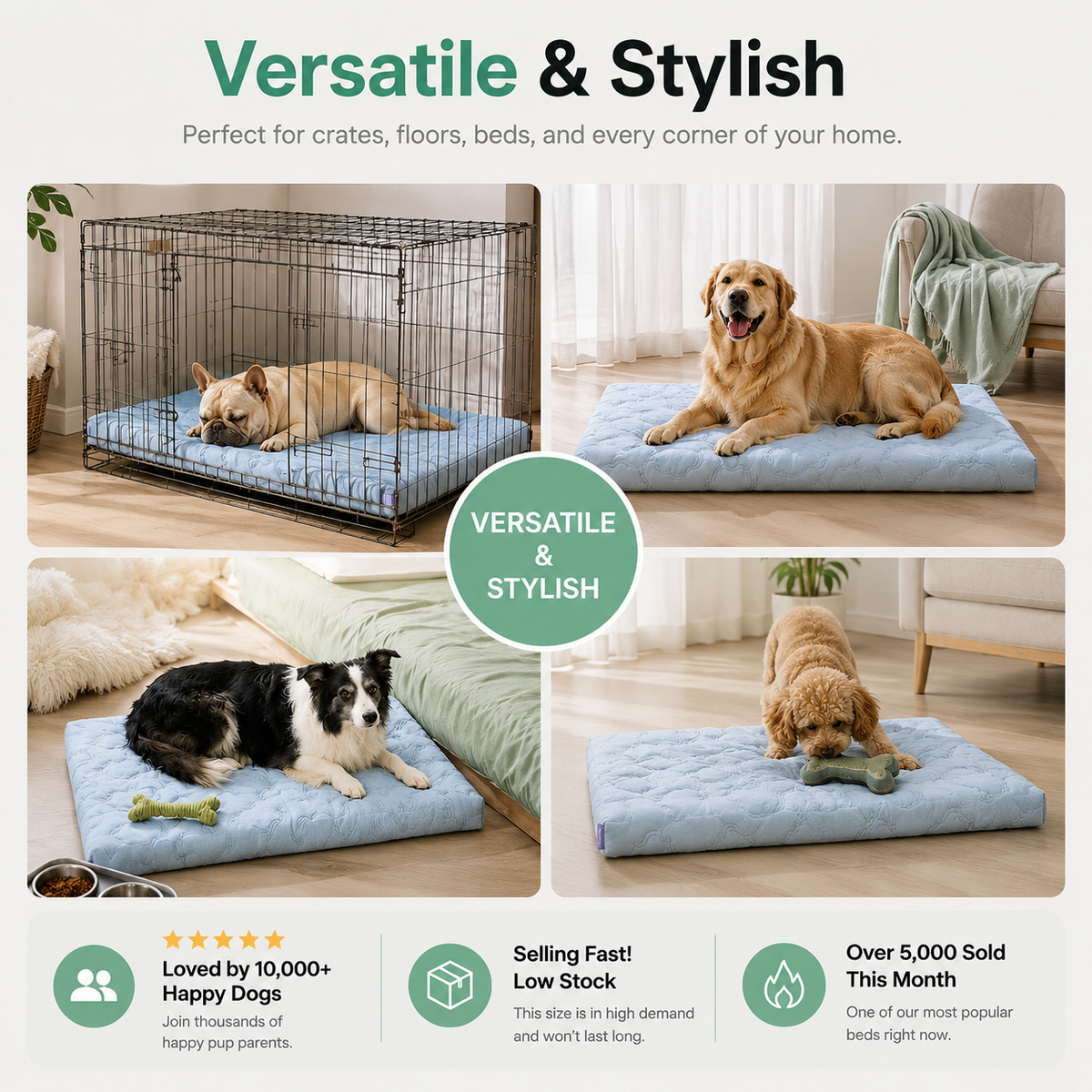 The Noblias cooling dog bed used inside a crate, on the floor and on a sofa.