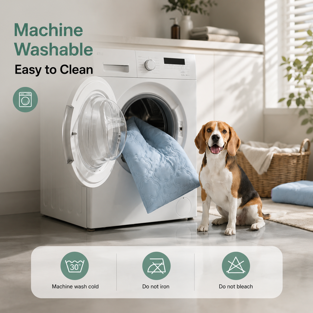 The removable cover of the Noblias cooling dog bed going into a washing machine.