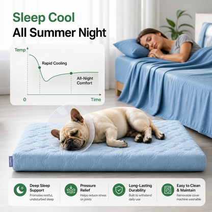 French bulldog asleep on the blue Noblias cooling dog bed beside a bed, with a cooling curve graphic.