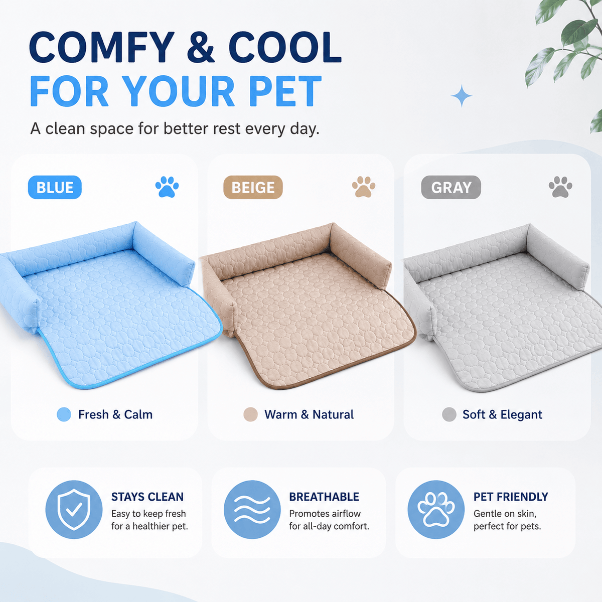The Noblias cooling dog couch cover shown in its three colors, blue, beige and gray, each with the L shaped bolster and the draping front panel.