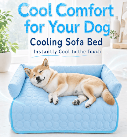 Dog lying on the blue Noblias cooling dog couch cover, with text reading cool comfort for your dog and instantly cool to the touch.