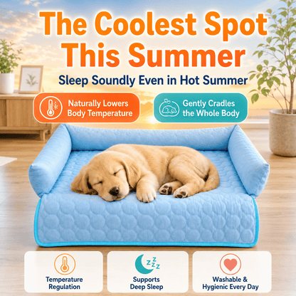 Golden retriever asleep on the blue Noblias cooling dog couch cover, presented as the coolest spot in the house for summer.