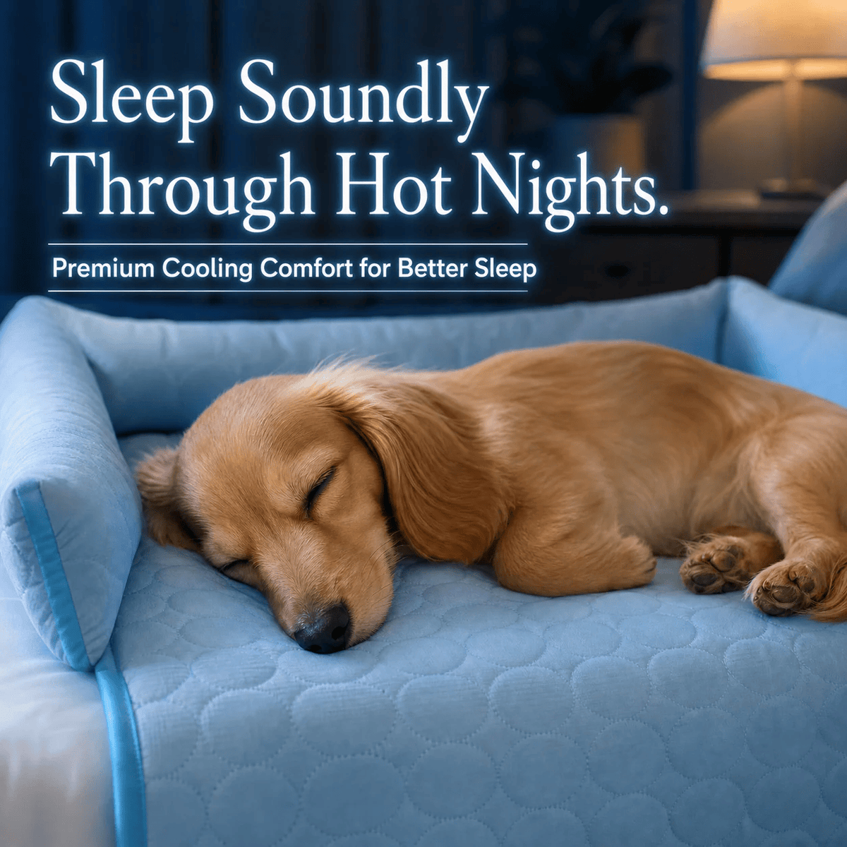 Dachshund asleep on the blue Noblias cooling dog couch cover in a dim room at night, stretched out against the bolster back.