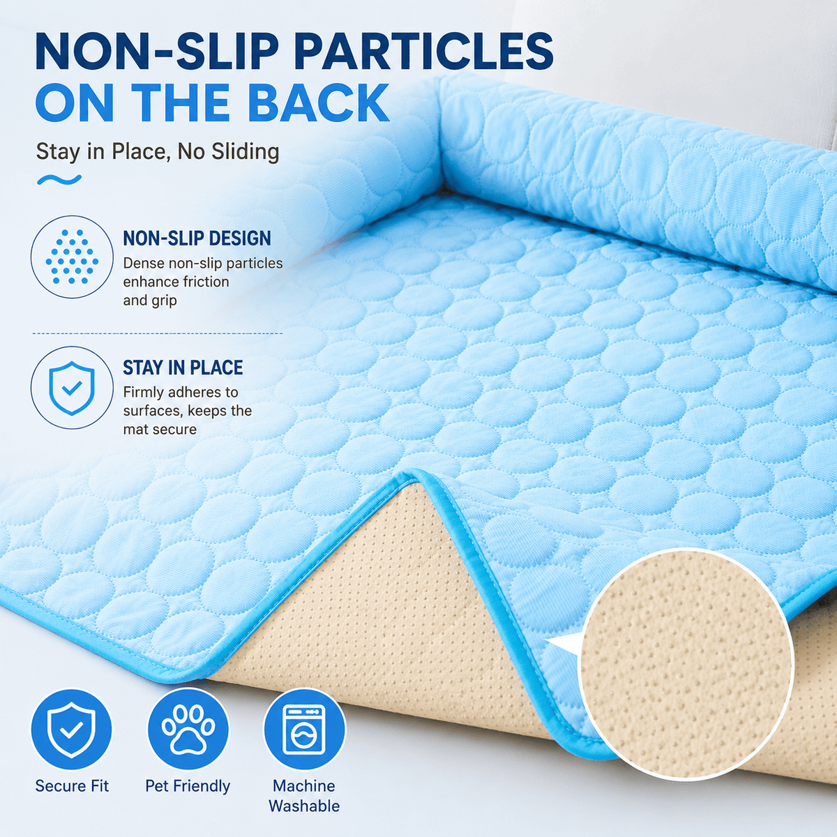 Underside of the Noblias cooling dog couch cover showing the dense non-slip particle backing that grips the sofa and keeps the mat from sliding.