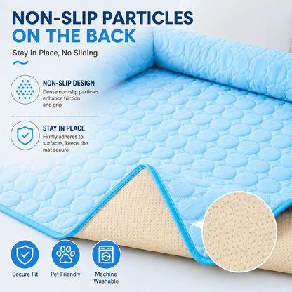 Underside of the Noblias cooling dog couch cover showing the dense non-slip particle backing that grips the sofa and keeps the mat from sliding.