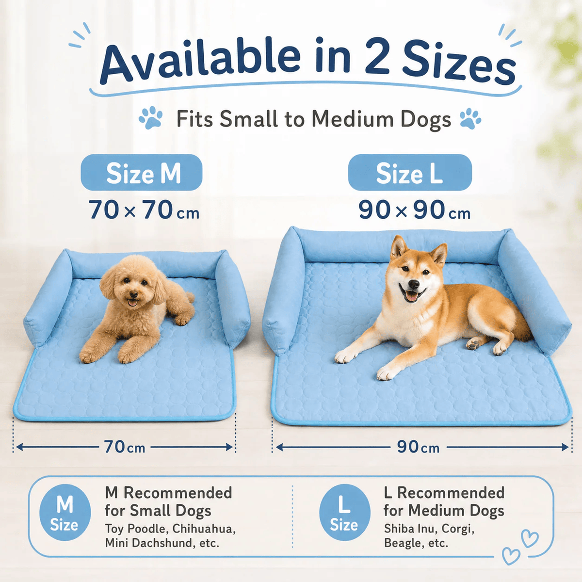 Size chart for the Noblias cooling dog couch cover showing M at 70 by 70 cm for small dogs and L at 90 by 90 cm for medium dogs.