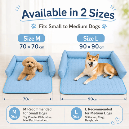 Size chart for the Noblias cooling dog couch cover showing M at 70 by 70 cm for small dogs and L at 90 by 90 cm for medium dogs.