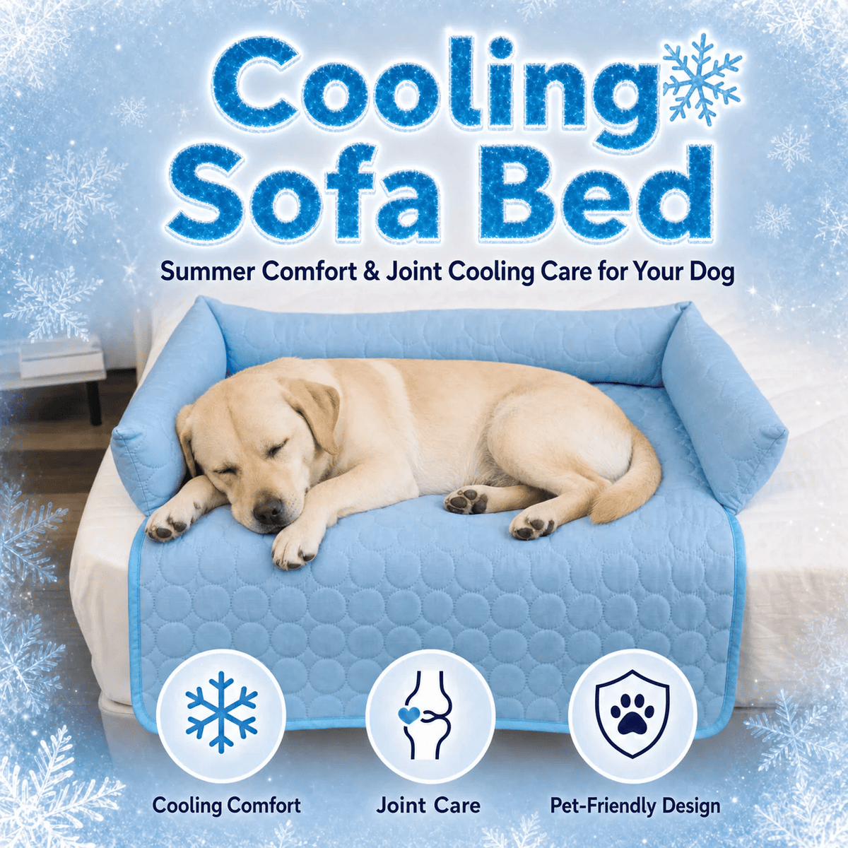 Noblias cooling dog couch cover in blue with a large golden coated dog resting on it, alongside icons for cooling comfort and pet friendly design.