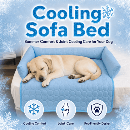 Noblias cooling dog couch cover in blue with a large golden coated dog resting on it, alongside icons for cooling comfort and pet friendly design.