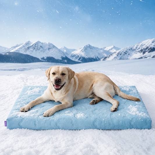 Labrador lying on the blue Noblias cooling orthopedic dog bed.
