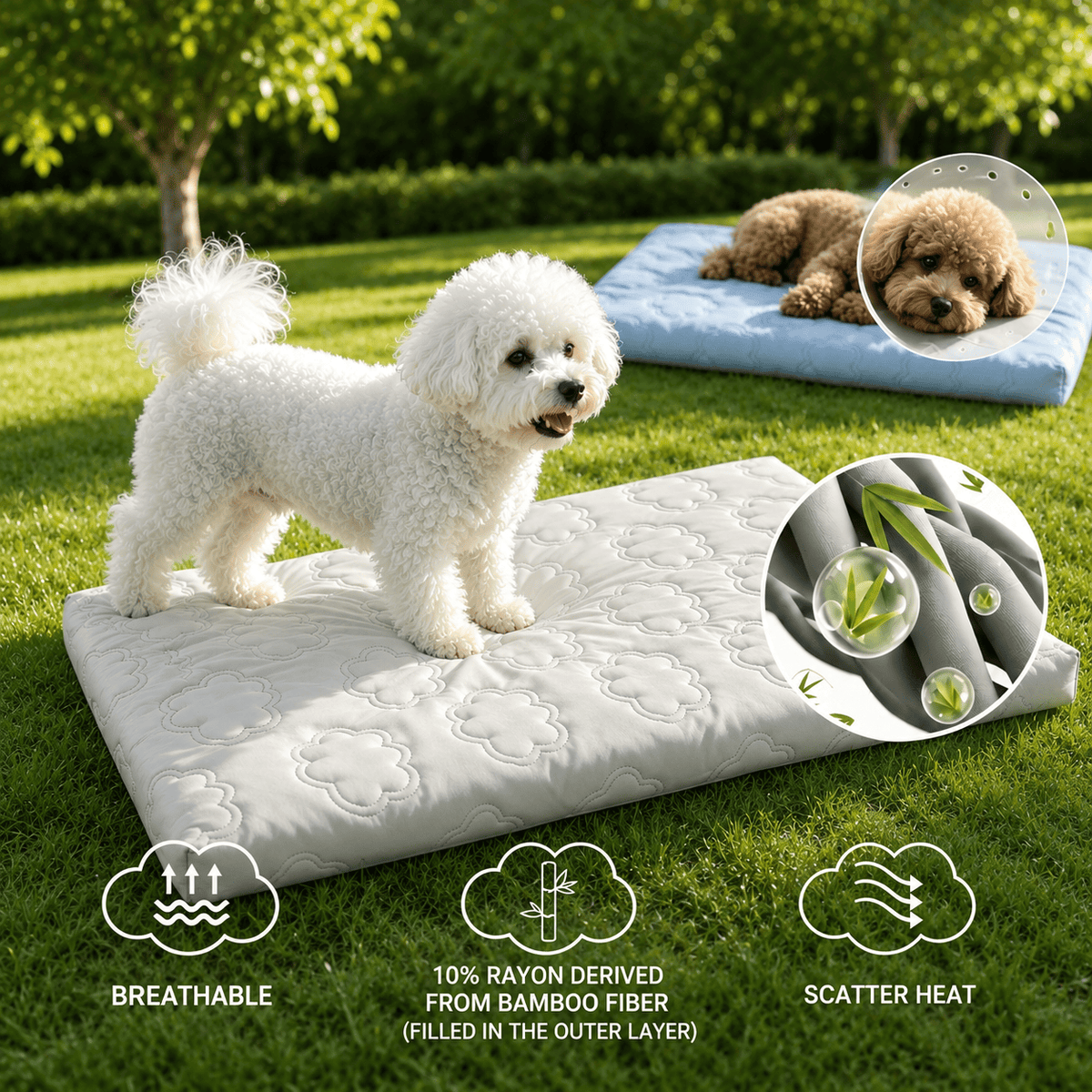The Noblias cooling orthopedic dog bed in blue and gray outdoors with two dogs lying on them.