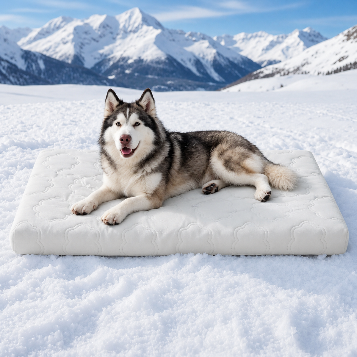 Husky resting on the gray Noblias cooling orthopedic dog bed.