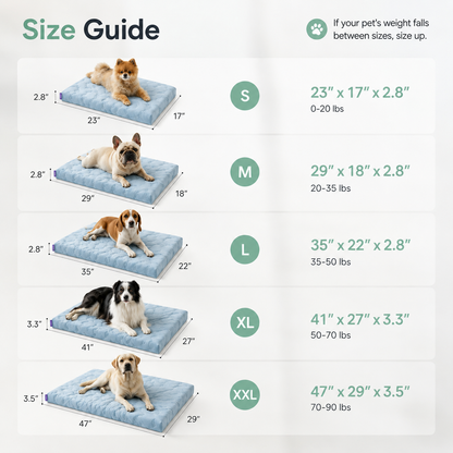 Size guide for the Noblias cooling orthopedic dog bed from S at 23 by 17 inches up to XXL at 47 by 29 inches, with weight ranges.
