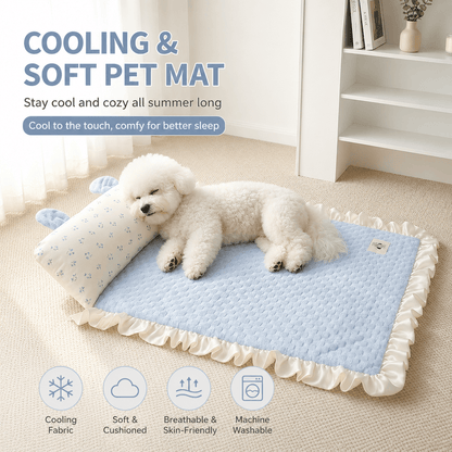 Dog asleep on the blue Noblias cooling pet mat, labeled cooling fabric, soft and cushioned, breathable and machine washable.
