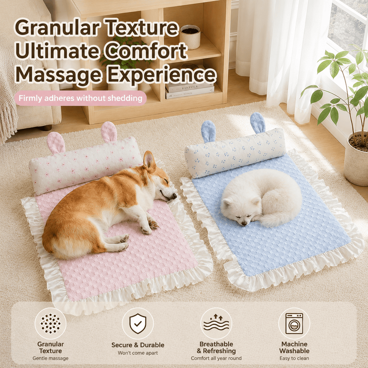 A corgi and a small white dog on pink and blue Noblias cooling mats, showing the granular bubble-dot texture of the fabric.