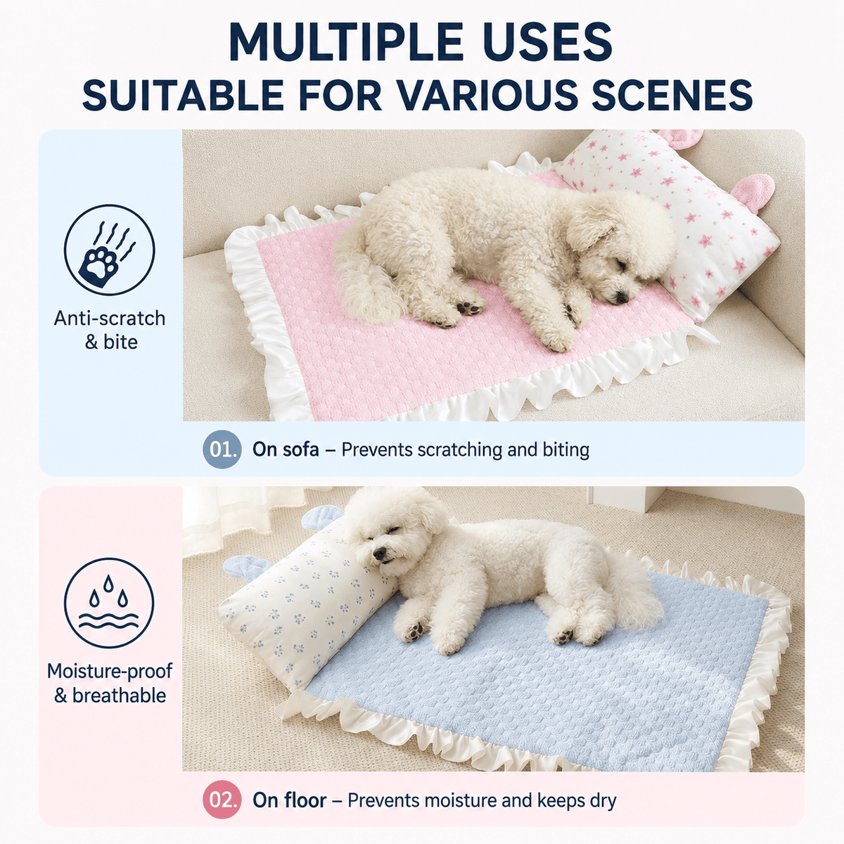The Noblias cooling pet mat used on a sofa to stop scratching and on the floor to keep a pet off damp tiles.